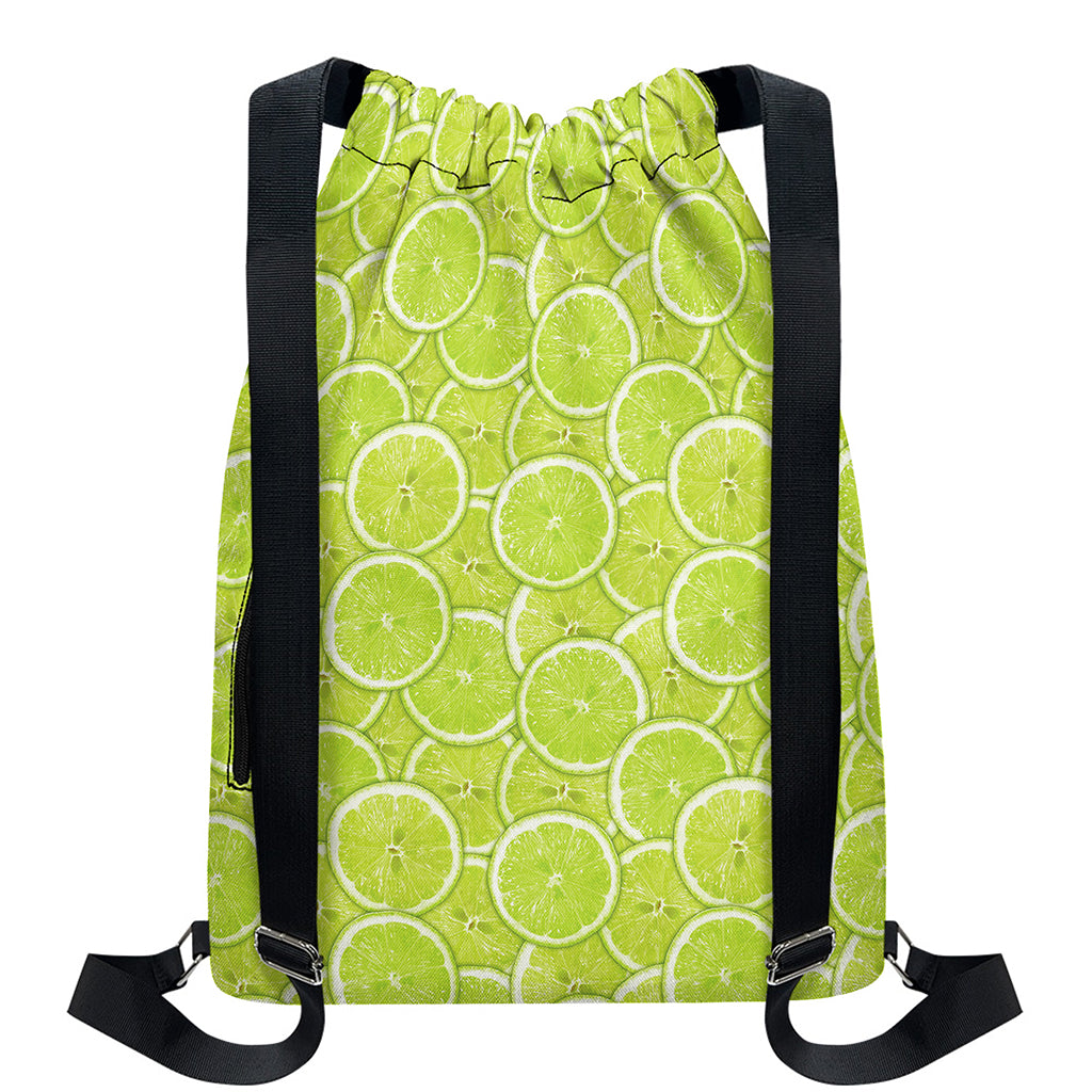 Green Lime Slices Pattern Print Drawstring Backpack