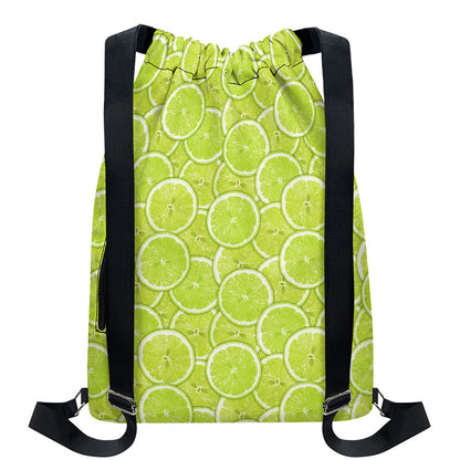 Green Lime Slices Pattern Print Drawstring Backpack