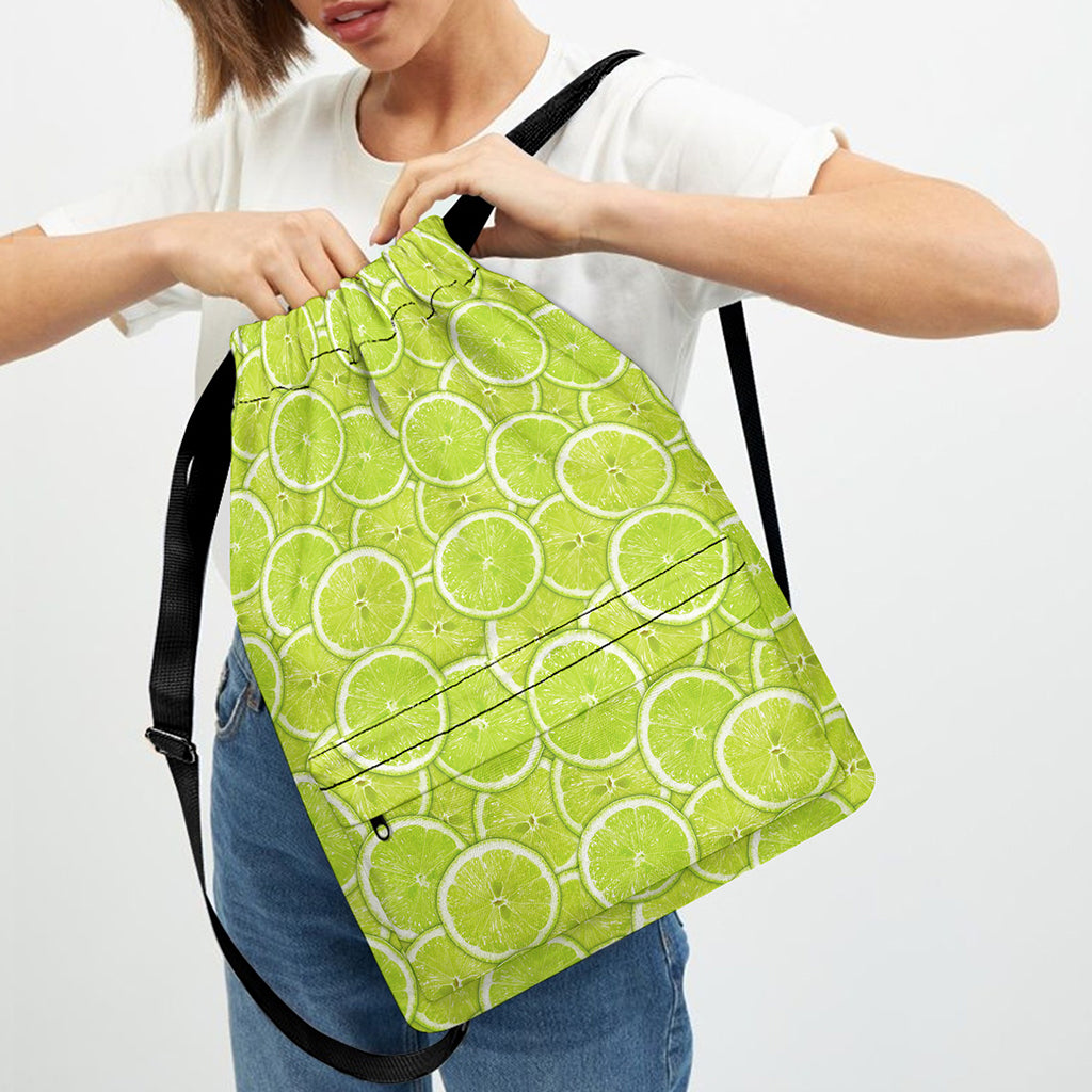 Green Lime Slices Pattern Print Drawstring Backpack