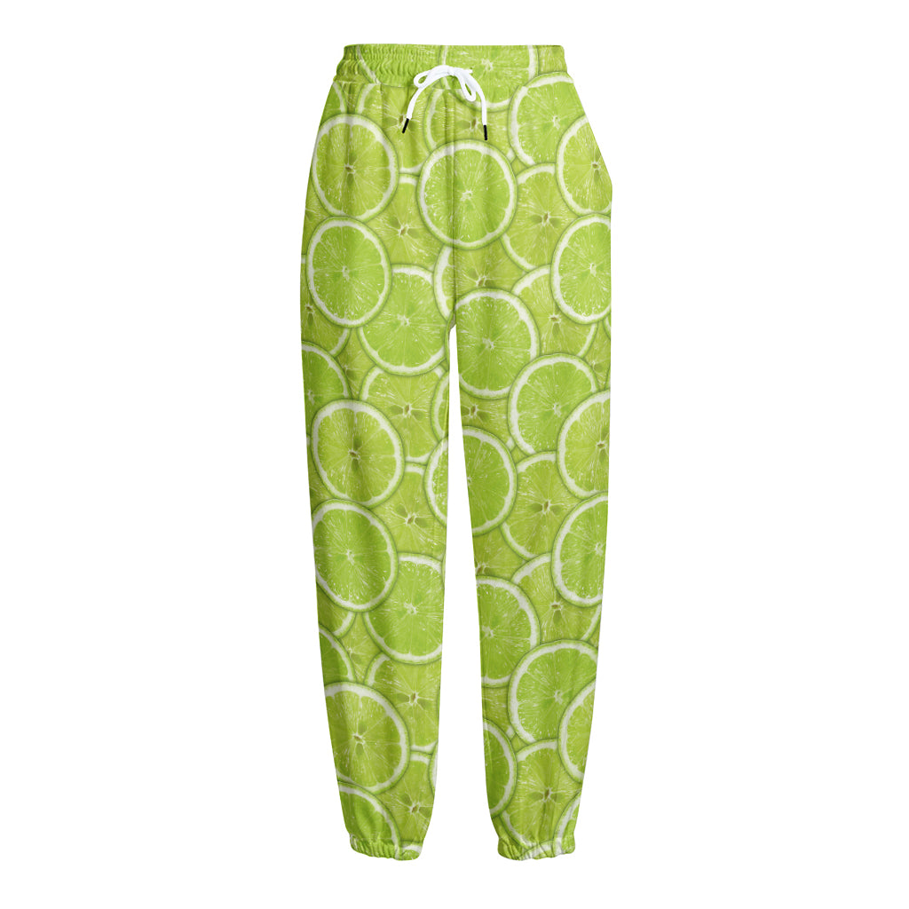 Green Lime Slices Pattern Print Fleece Lined Knit Pants