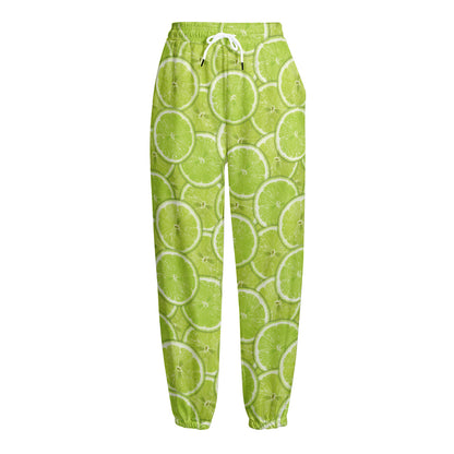 Green Lime Slices Pattern Print Fleece Lined Knit Pants