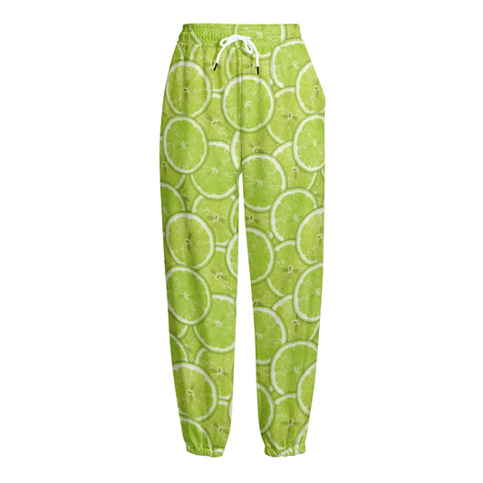Green Lime Slices Pattern Print Fleece Lined Knit Pants