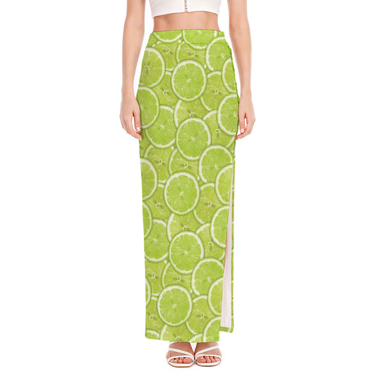 Green Lime Slices Pattern Print High Slit Maxi Skirt