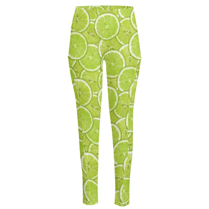 Green Lime Slices Pattern Print High-Waisted Pocket Leggings