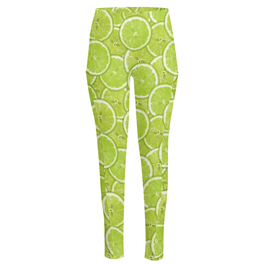 Green Lime Slices Pattern Print High-Waisted Pocket Leggings