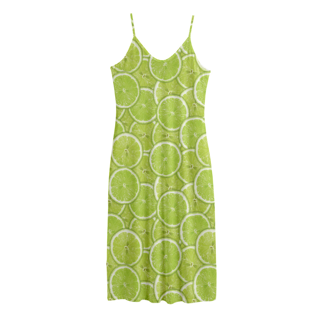 Green Lime Slices Pattern Print Jersey Midi Cami Dress
