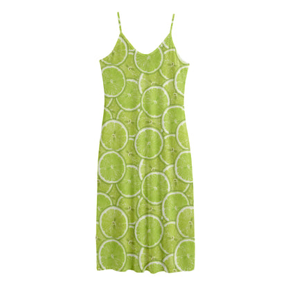 Green Lime Slices Pattern Print Jersey Midi Cami Dress