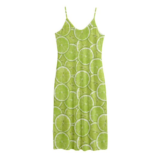 Green Lime Slices Pattern Print Jersey Midi Cami Dress