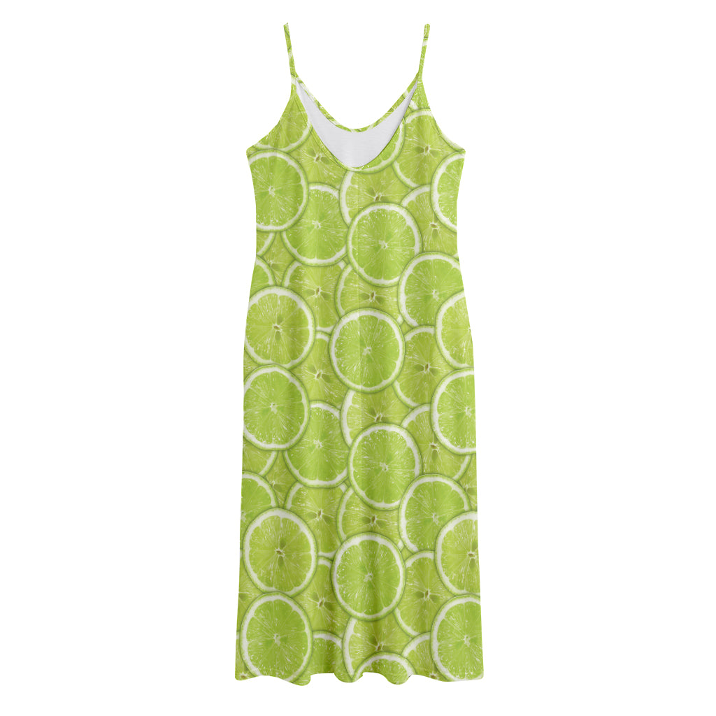 Green Lime Slices Pattern Print Jersey Midi Cami Dress