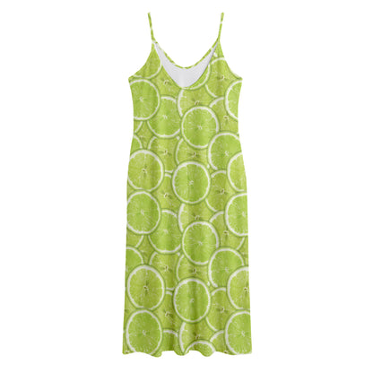 Green Lime Slices Pattern Print Jersey Midi Cami Dress