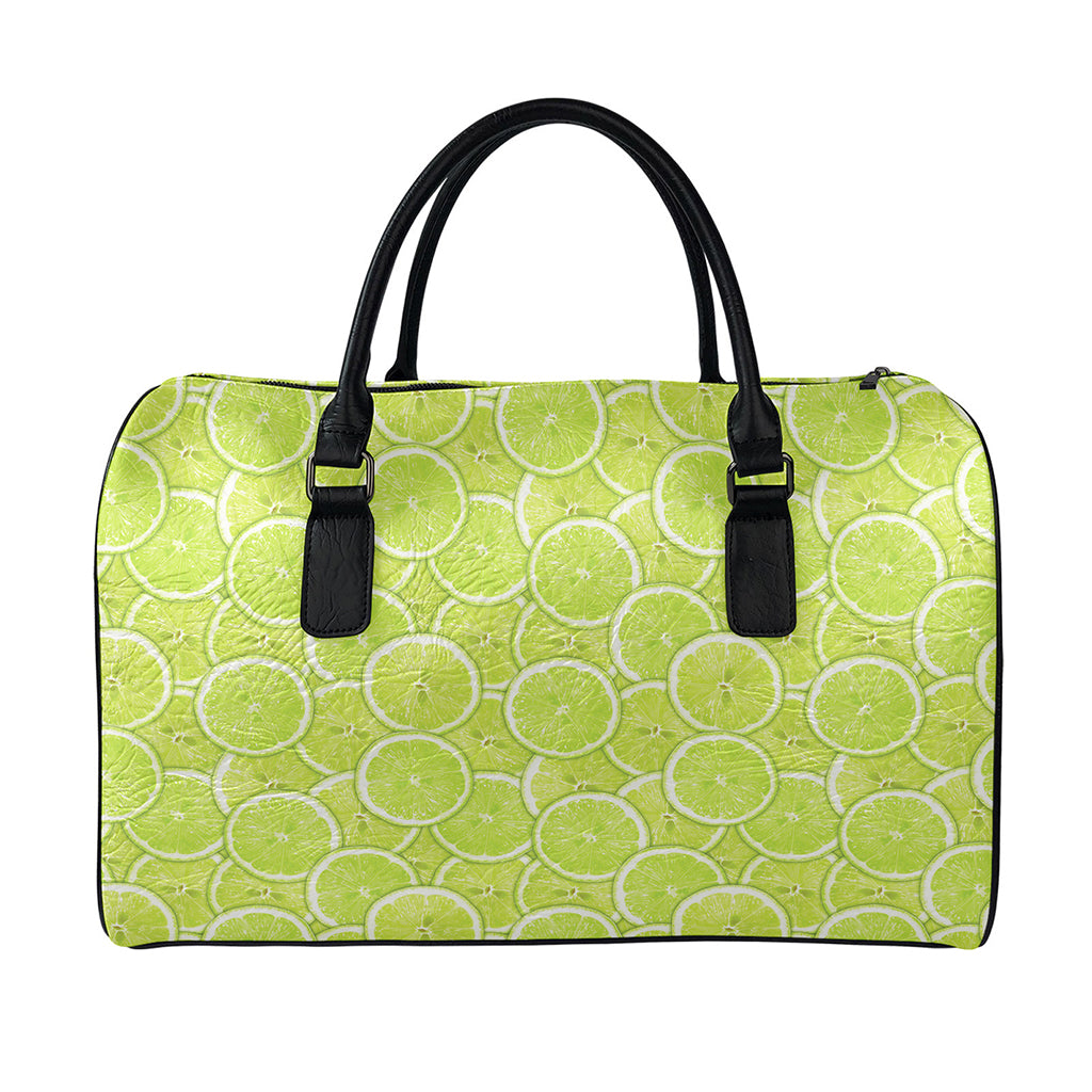 Green Lime Slices Pattern Print Leather Duffle Bag