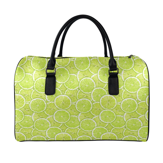Green Lime Slices Pattern Print Leather Duffle Bag
