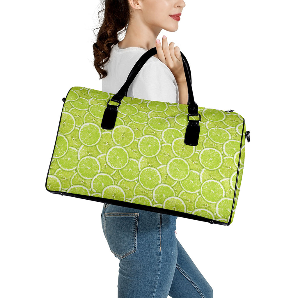Green Lime Slices Pattern Print Leather Duffle Bag