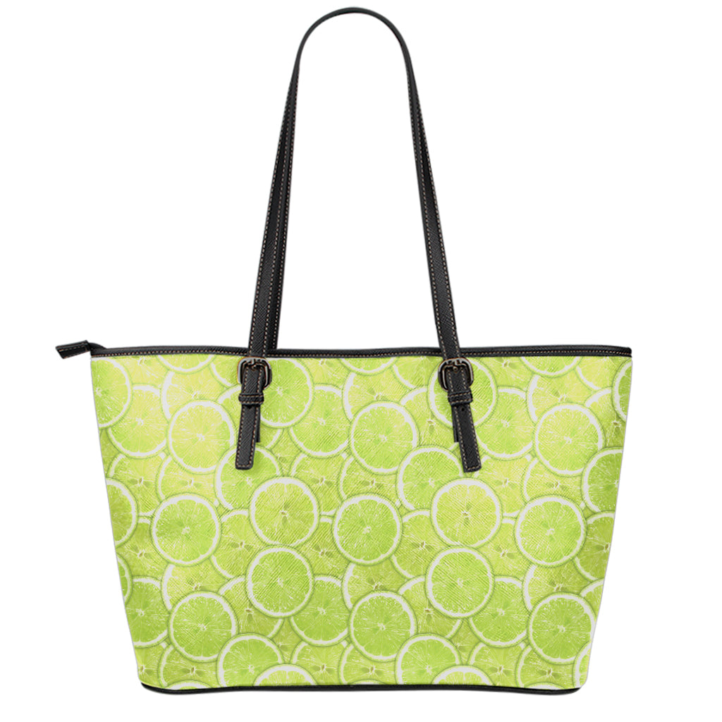 Green Lime Slices Pattern Print Leather Tote Bag