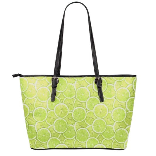 Green Lime Slices Pattern Print Leather Tote Bag