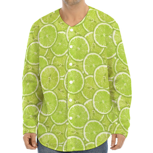 Green Lime Slices Pattern Print Long Sleeve Baseball Jersey