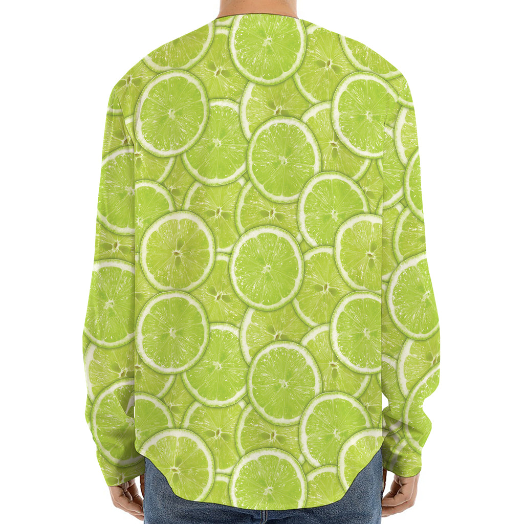 Green Lime Slices Pattern Print Long Sleeve Baseball Jersey