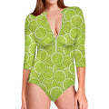 Green Lime Slices Pattern Print Long Sleeve Swimsuit
