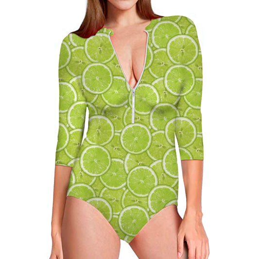 Green Lime Slices Pattern Print Long Sleeve Swimsuit