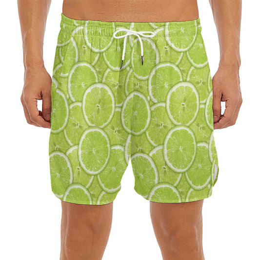 Green Lime Slices Pattern Print Men's Split Running Shorts