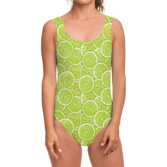Green Lime Slices Pattern Print One Piece Swimsuit