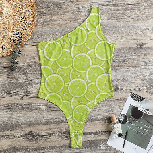Green Lime Slices Pattern Print One Shoulder Bodysuit