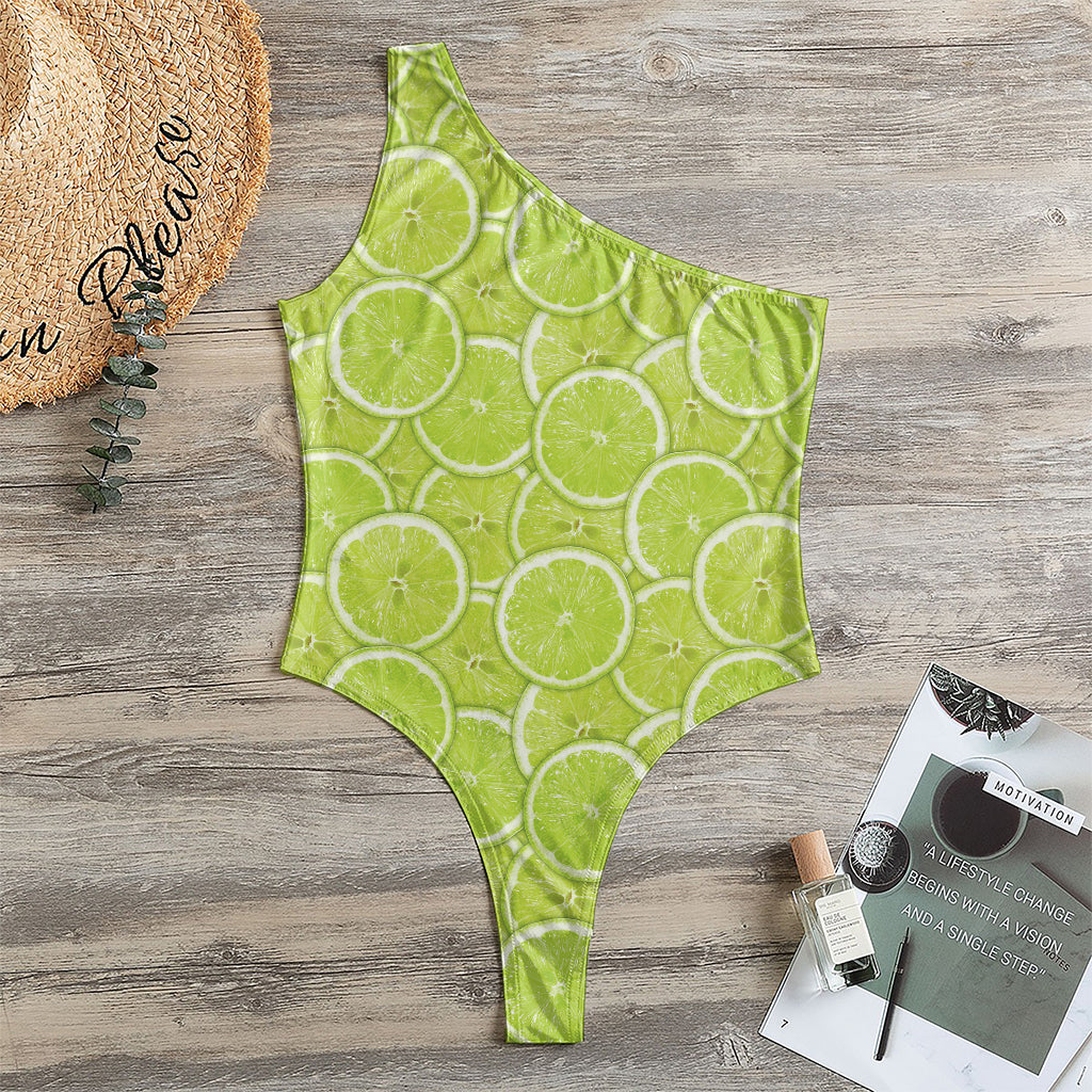 Green Lime Slices Pattern Print One Shoulder Bodysuit