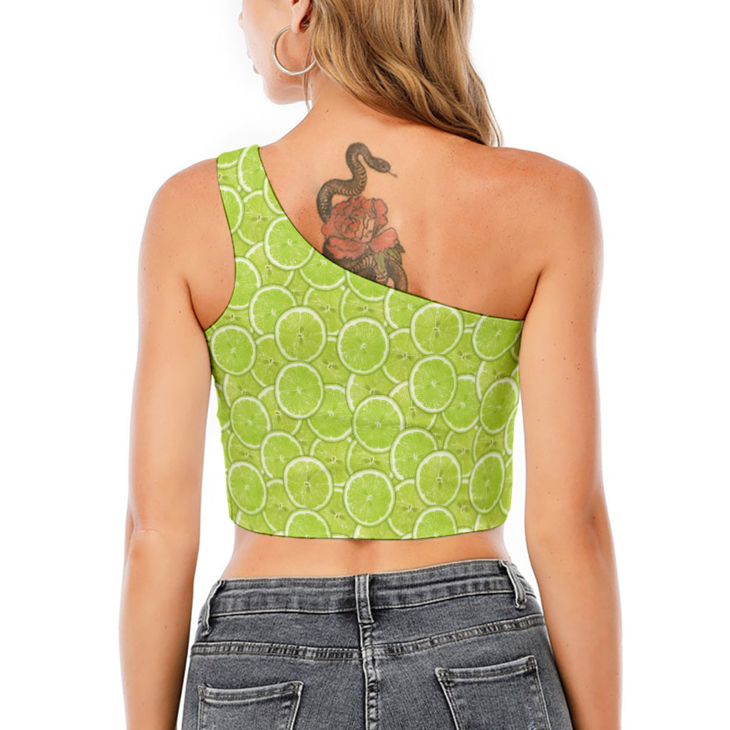Green Lime Slices Pattern Print One Shoulder Crop Top