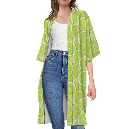 Green Lime Slices Pattern Print Open Front Beach Cover Up