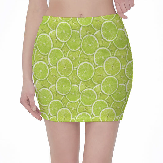 Green Lime Slices Pattern Print Pencil Mini Skirt