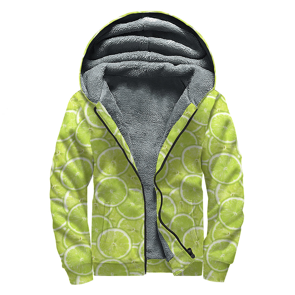 Green Lime Slices Pattern Print Sherpa Lined Zip Up Hoodie