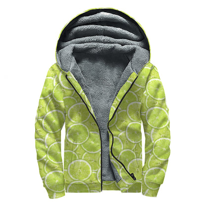 Green Lime Slices Pattern Print Sherpa Lined Zip Up Hoodie