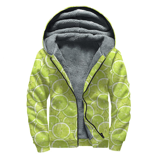 Green Lime Slices Pattern Print Sherpa Lined Zip Up Hoodie