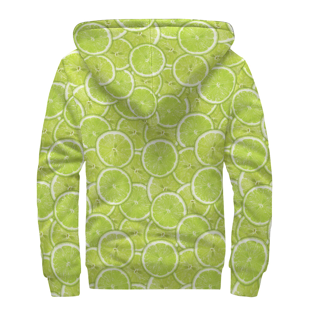 Green Lime Slices Pattern Print Sherpa Lined Zip Up Hoodie