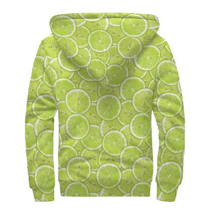 Green Lime Slices Pattern Print Sherpa Lined Zip Up Hoodie