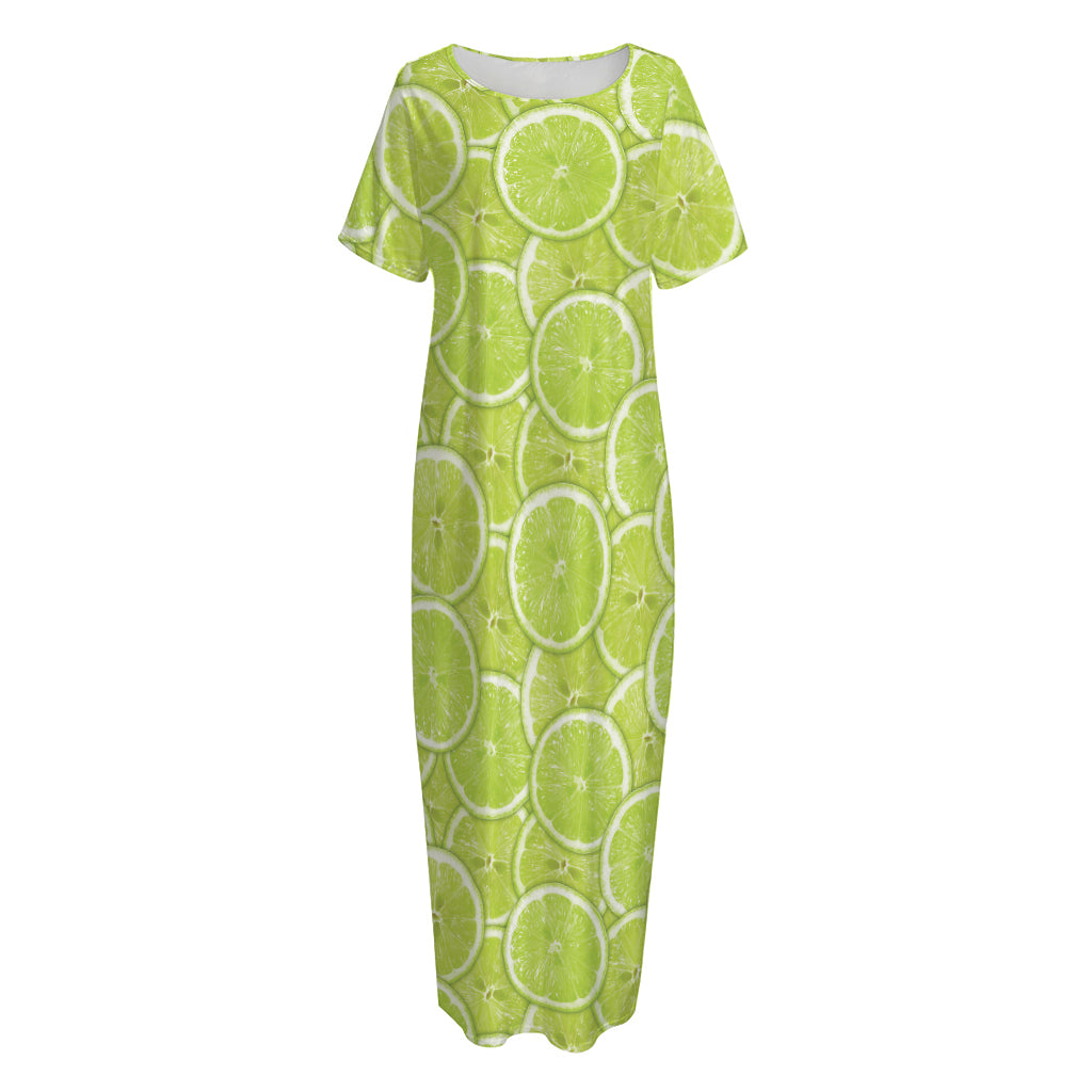 Green Lime Slices Pattern Print Short Sleeve Long Nightdress