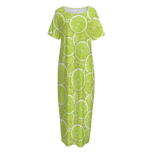 Green Lime Slices Pattern Print Short Sleeve Long Nightdress