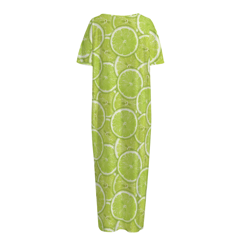 Green Lime Slices Pattern Print Short Sleeve Long Nightdress