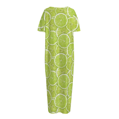 Green Lime Slices Pattern Print Short Sleeve Long Nightdress