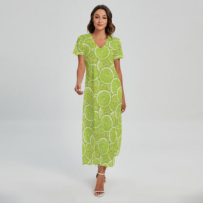 Green Lime Slices Pattern Print Short Sleeve Maxi Dress