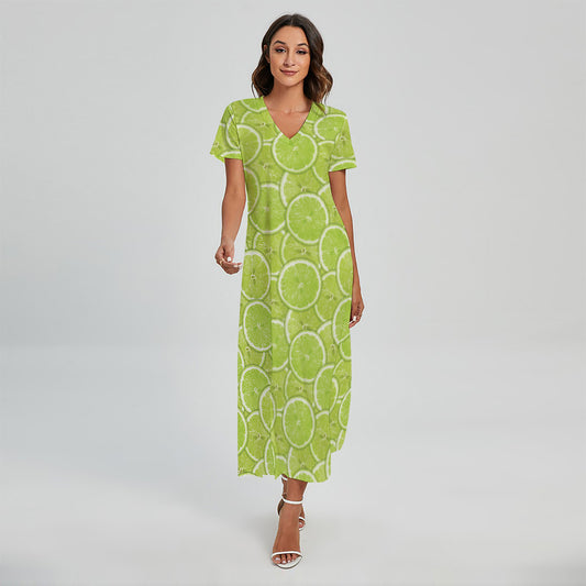 Green Lime Slices Pattern Print Short Sleeve Maxi Dress
