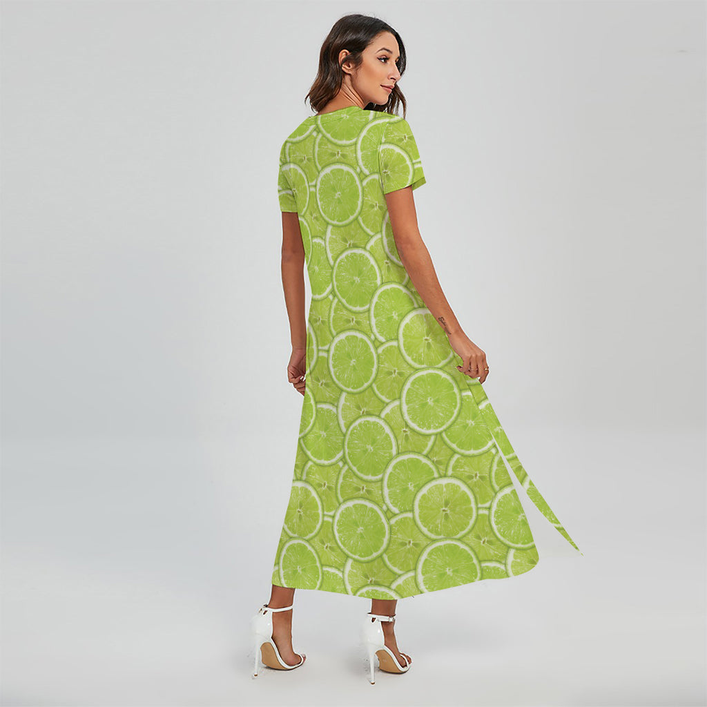 Green Lime Slices Pattern Print Short Sleeve Maxi Dress