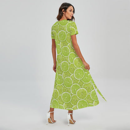 Green Lime Slices Pattern Print Short Sleeve Maxi Dress