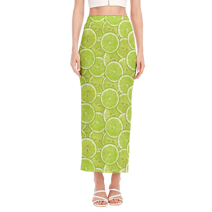 Green Lime Slices Pattern Print Side Slit Maxi Skirt