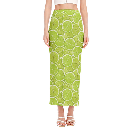 Green Lime Slices Pattern Print Side Slit Maxi Skirt