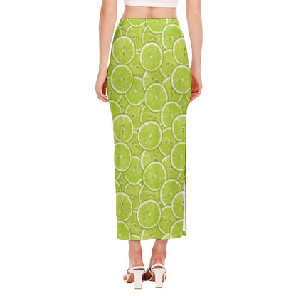 Green Lime Slices Pattern Print Side Slit Maxi Skirt