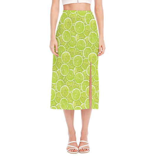 Green Lime Slices Pattern Print Side Slit Midi Skirt