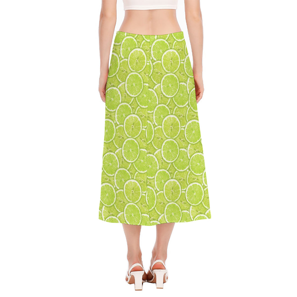 Green Lime Slices Pattern Print Side Slit Midi Skirt