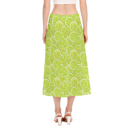 Green Lime Slices Pattern Print Side Slit Midi Skirt