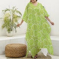 Green Lime Slices Pattern Print Silk V-Neck Kaftan Dress